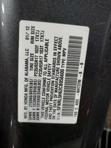 2012 HONDA ODYSSEY EXL  