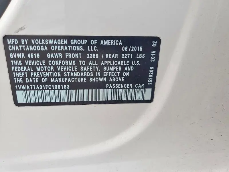 2015 VOLKSWAGEN PASSAT S  