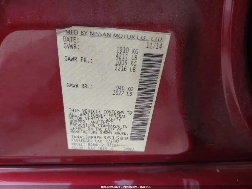 2015 NISSAN ALTIMA 2.5/2.5 S/2.5 SL/2.5 SV