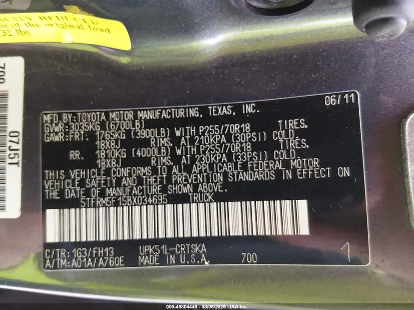 2011 TOYOTA TUNDRA GRADE 4.6L V8