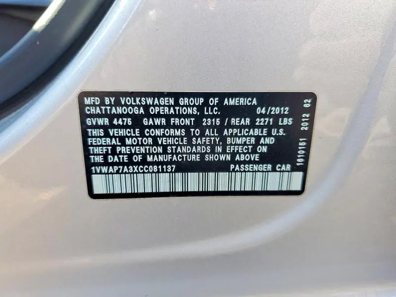 2012 VOLKSWAGEN PASSAT S  