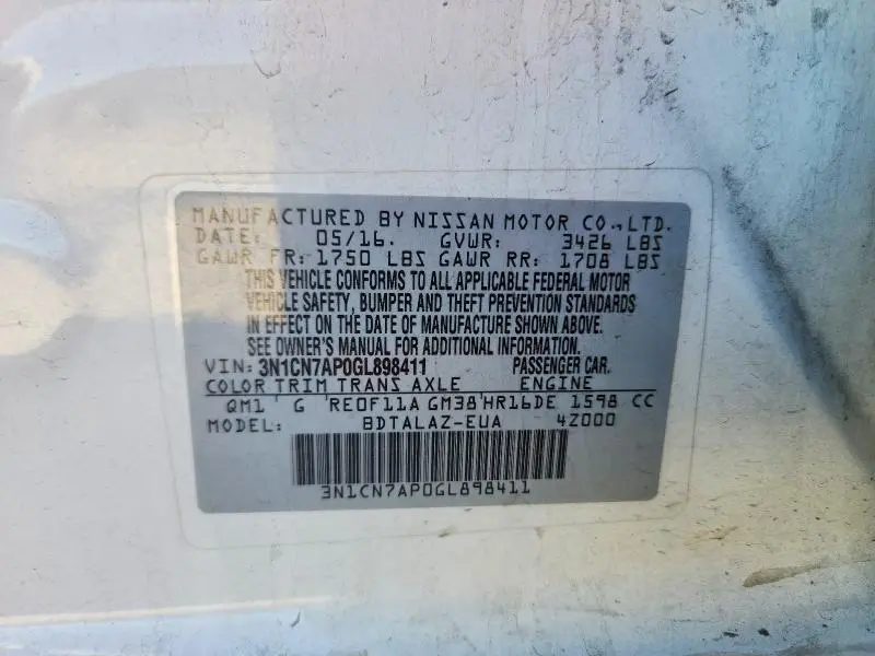 2016 NISSAN VERSA 1.6 S PLUS  