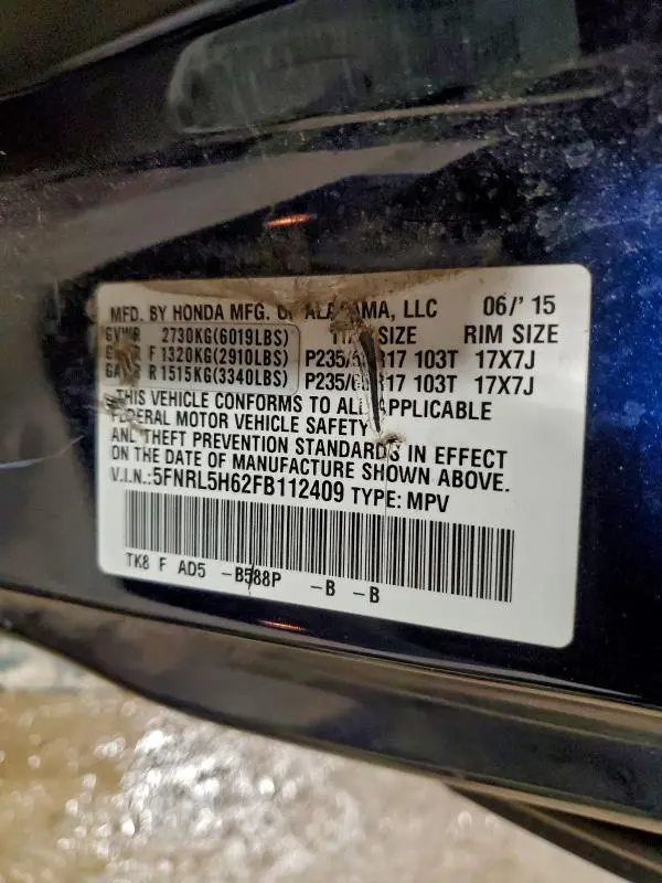 2015 HONDA ODYSSEY EXL  