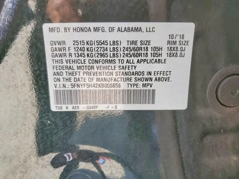 2019 HONDA PILOT EXL  