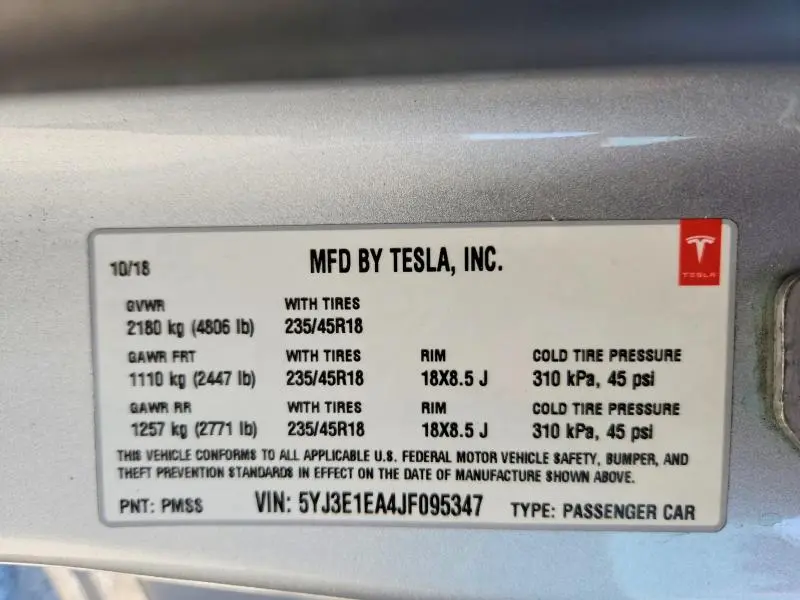 2018 TESLA MODEL 3   