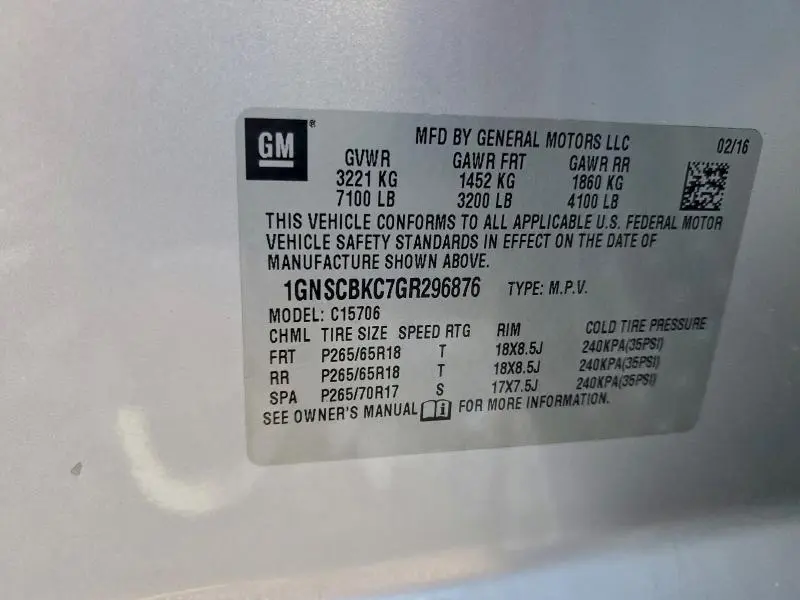 2016 CHEVROLET TAHOE C1500 LT  