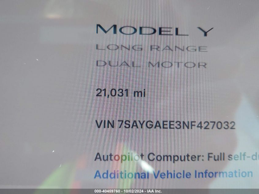 2022 TESLA MODEL Y LONG RANGE DUAL MOTOR ALL-WHEEL DRIVE