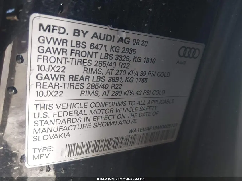 2021 AUDI Q8 PREMIUM PLUS 55 TFSI QUATTRO TIPTRONIC