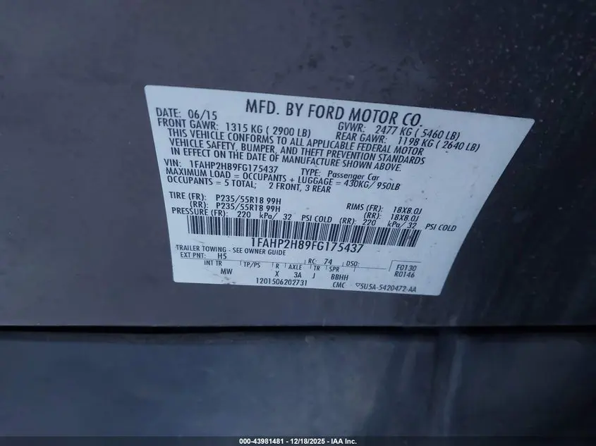 2015 FORD TAURUS SEL