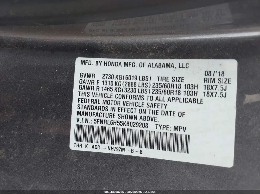 2019 HONDA ODYSSEY EX