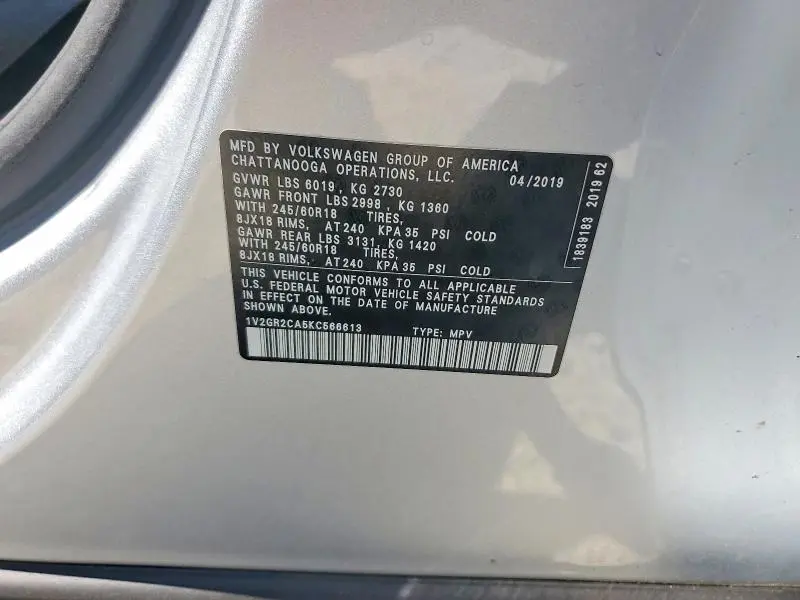 2019 VOLKSWAGEN ATLAS S  