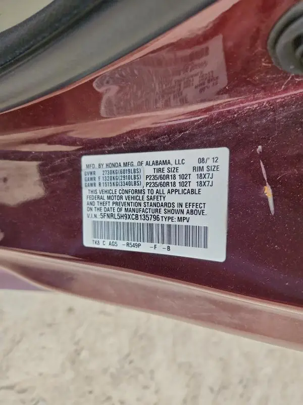 2012 HONDA ODYSSEY TOURING  