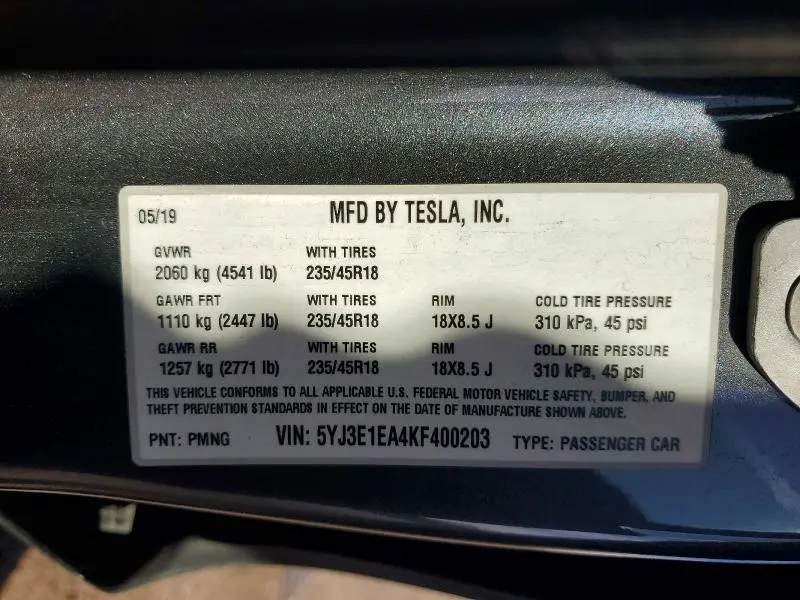2019 TESLA MODEL 3   