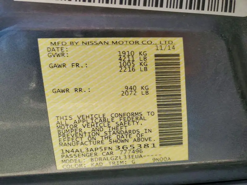 2015 NISSAN ALTIMA 2.5 S  