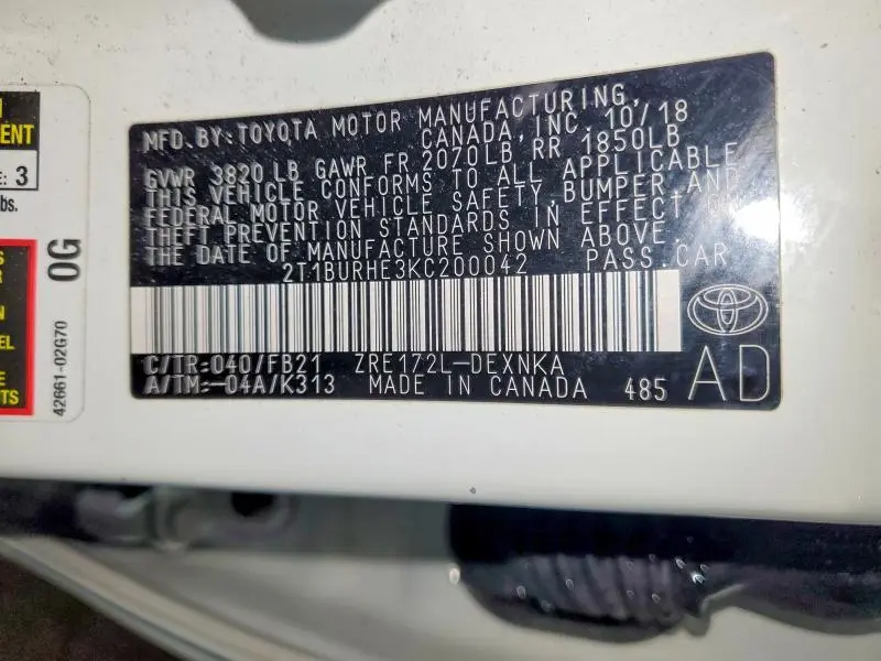 2019 TOYOTA COROLLA L  