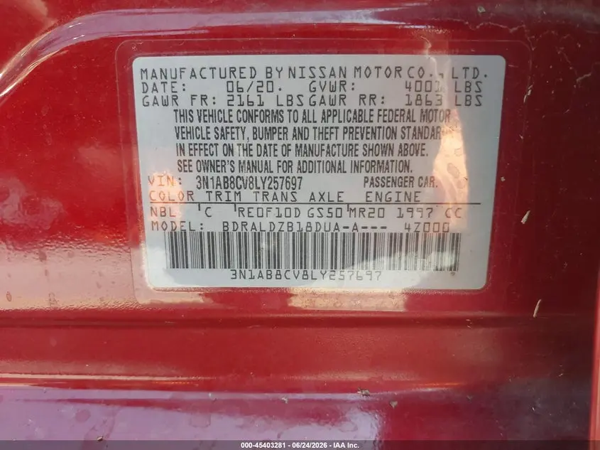 2020 NISSAN SENTRA SV XTRONIC CVT