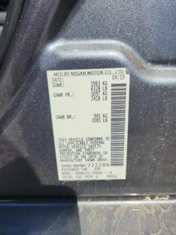 2019 NISSAN ALTIMA S  