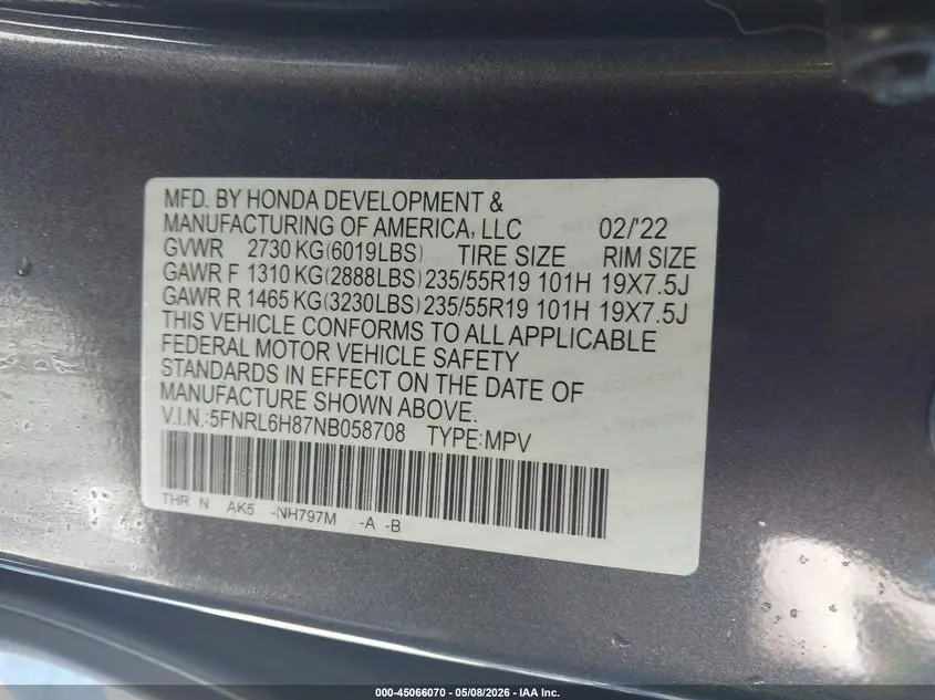 2022 HONDA ODYSSEY TOURING