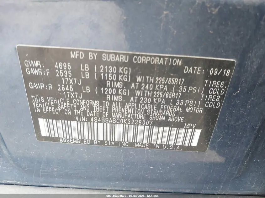 2019 SUBARU OUTBACK 2.5I