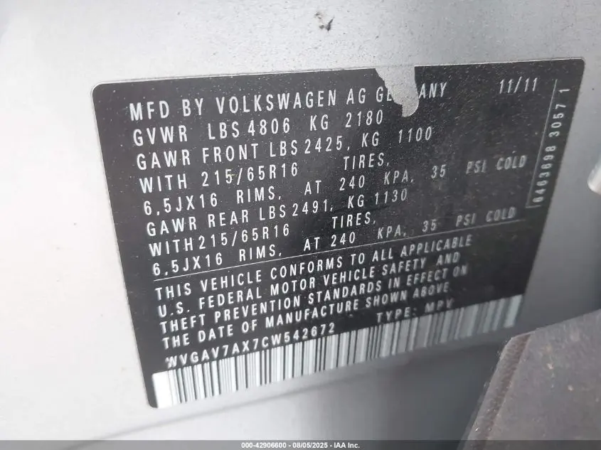 2012 VOLKSWAGEN TIGUAN LE
