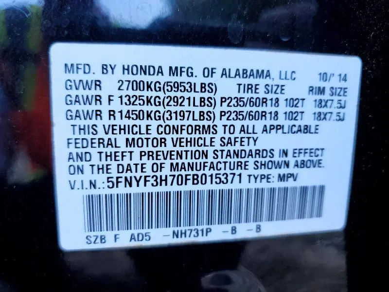 2015 HONDA PILOT EXLN  