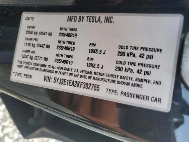 2019 TESLA MODEL 3   