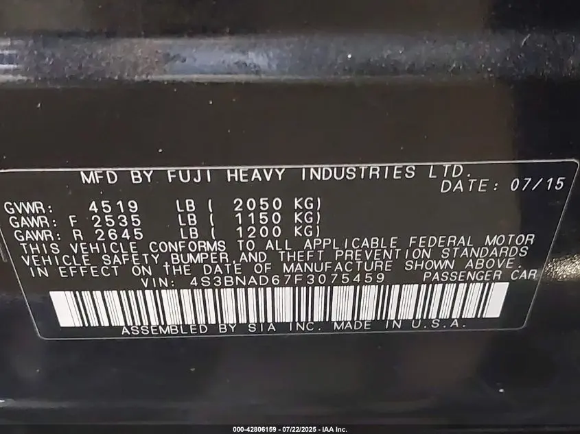 2015 SUBARU LEGACY 2.5I PREMIUM