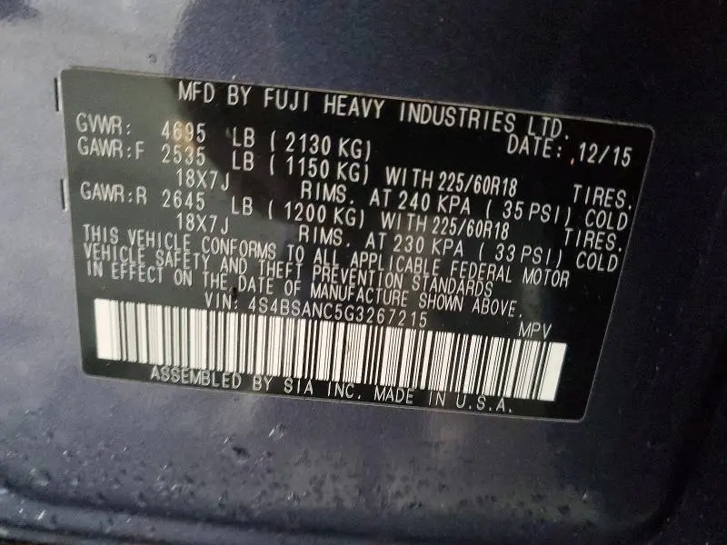 2016 SUBARU OUTBACK 2.5I LIMITED  