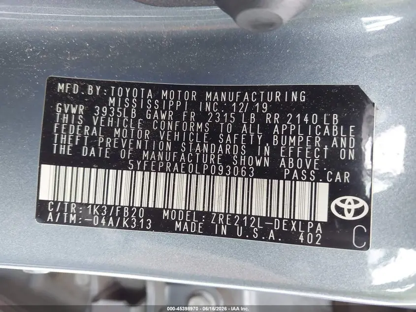 2020 TOYOTA COROLLA LE