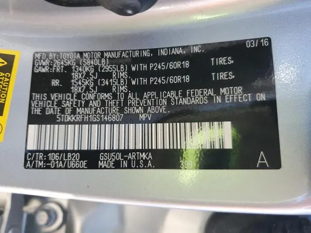 2016 TOYOTA HIGHLANDER XLE  