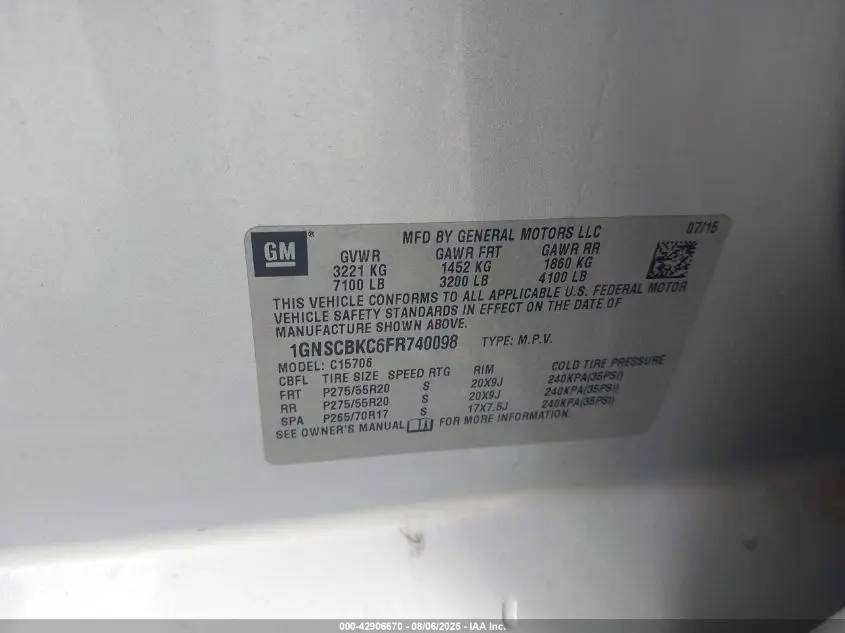 2015 CHEVROLET TAHOE C1500 LT