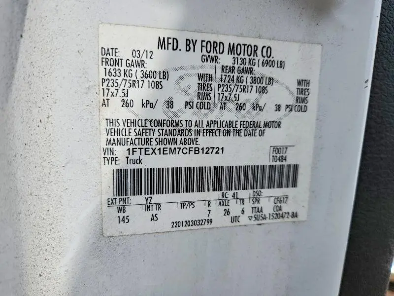 2012 FORD F150 SUPER CAB  