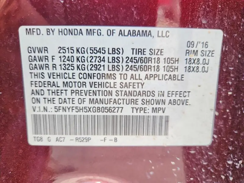 2016 HONDA PILOT EXL  