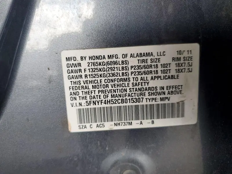 2012 HONDA PILOT EXL  