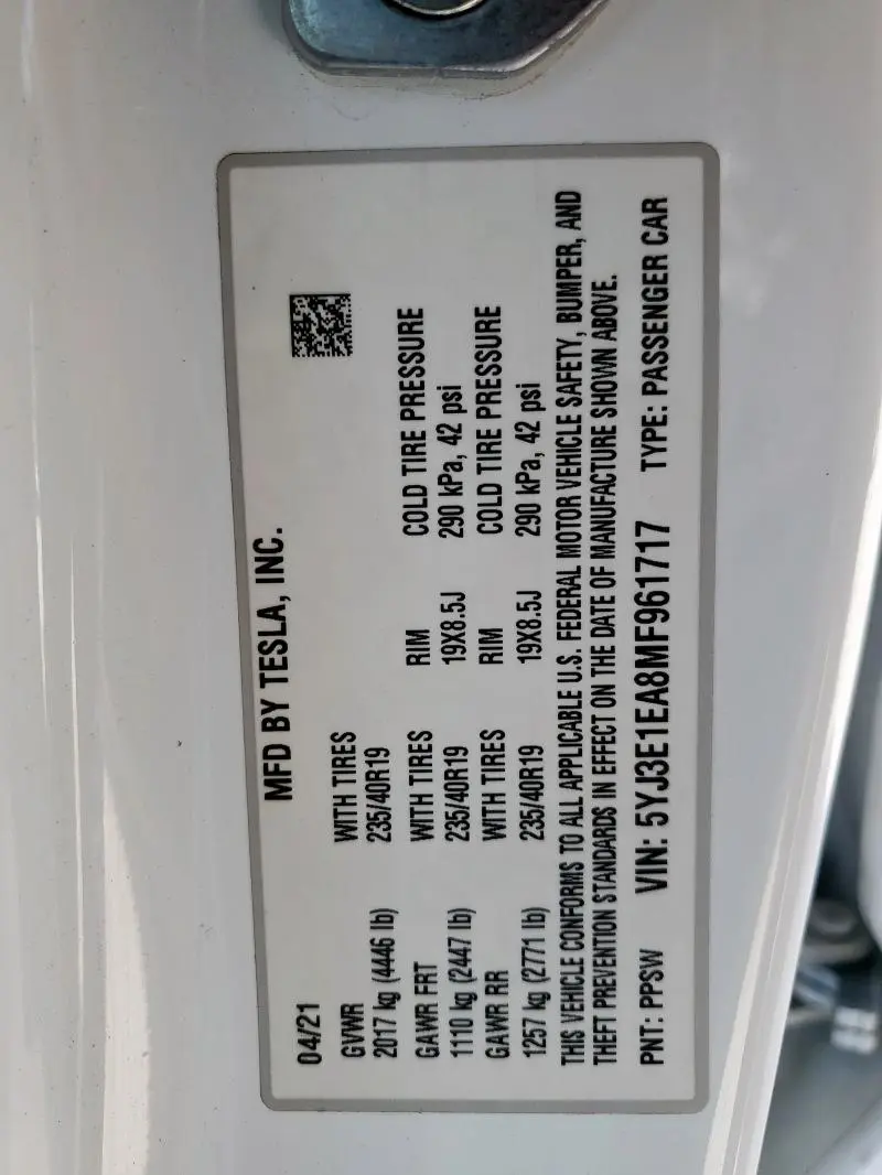 2021 TESLA MODEL 3 