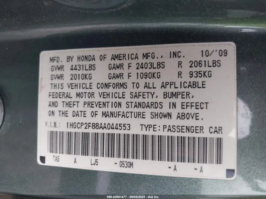 2010 HONDA ACCORD 2.4 EX-L