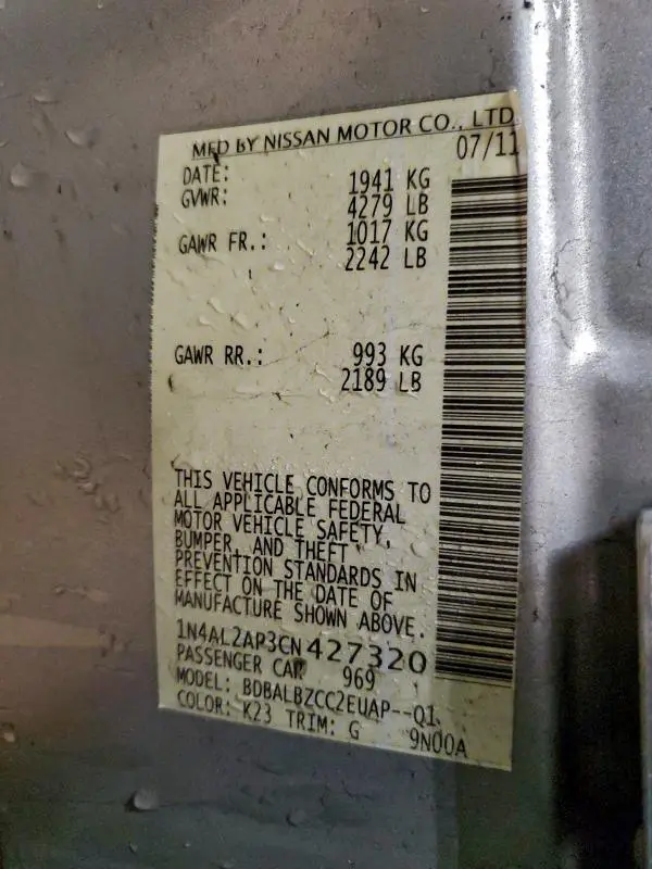 2012 NISSAN ALTIMA BASE  