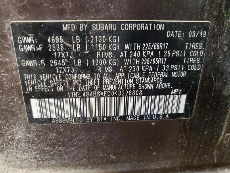 2019 SUBARU OUTBACK 2.5I PREMIUM  