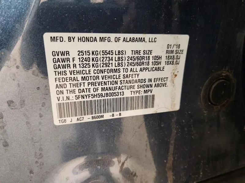 2018 HONDA PILOT EXL  