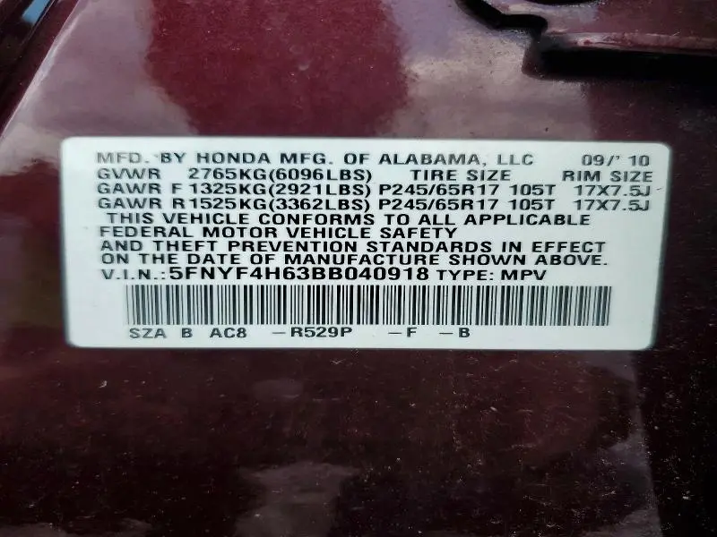 2011 HONDA PILOT EXL  