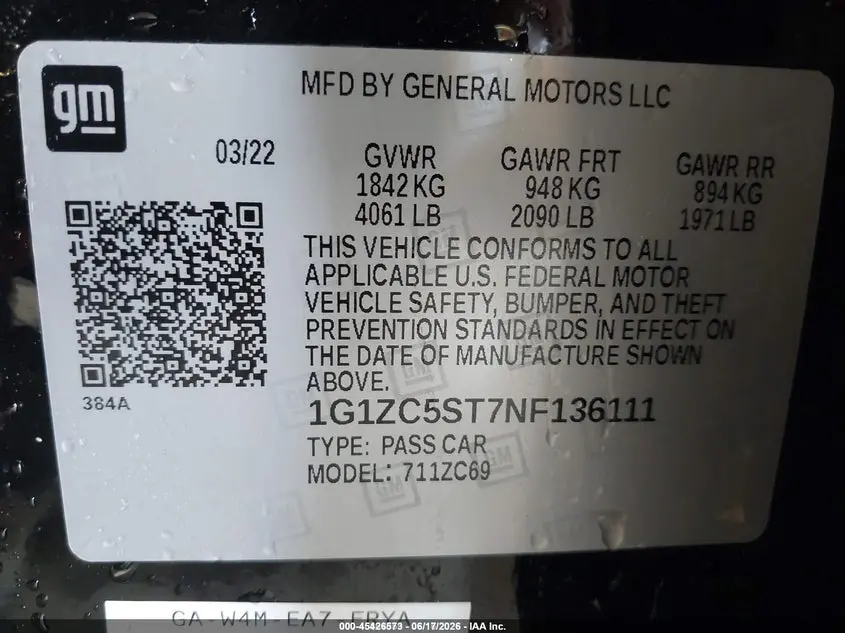 2022 CHEVROLET MALIBU FWD 1FL