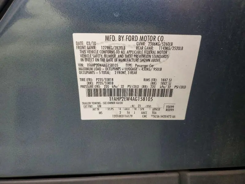 2010 FORD TAURUS SEL  