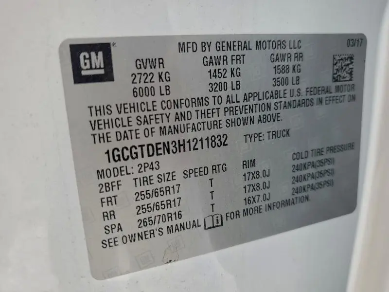 2017 CHEVROLET COLORADO Z71  