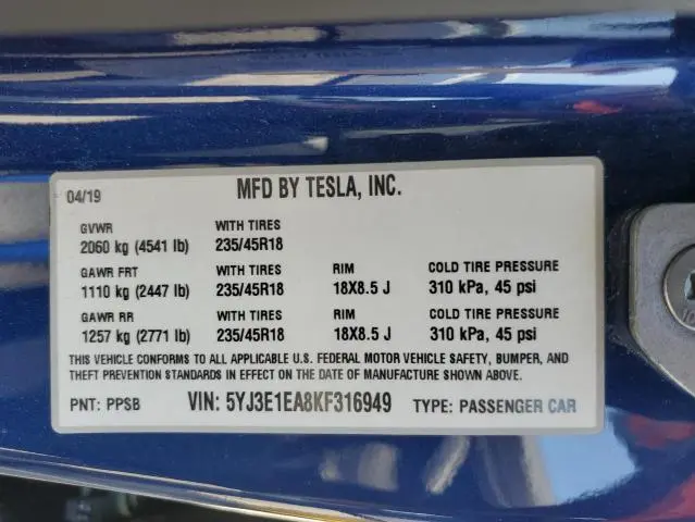 2019 TESLA MODEL 3   