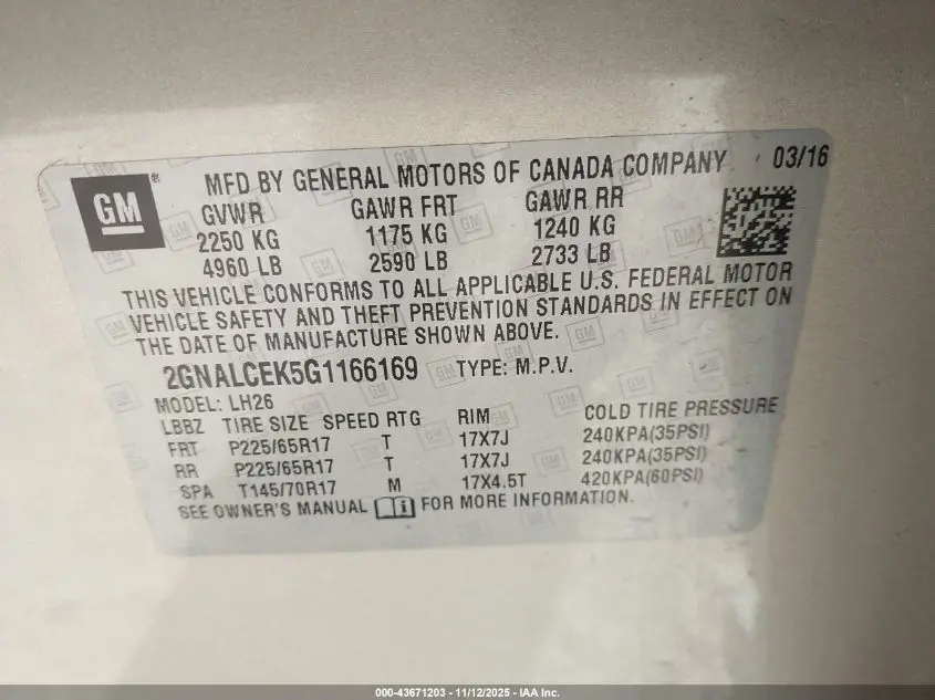 2016 CHEVROLET EQUINOX LT