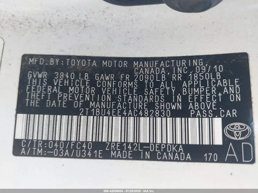 2010 TOYOTA COROLLA LE