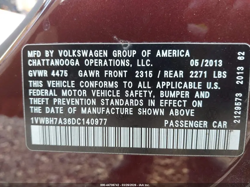 2013 VOLKSWAGEN PASSAT 2.5L SE