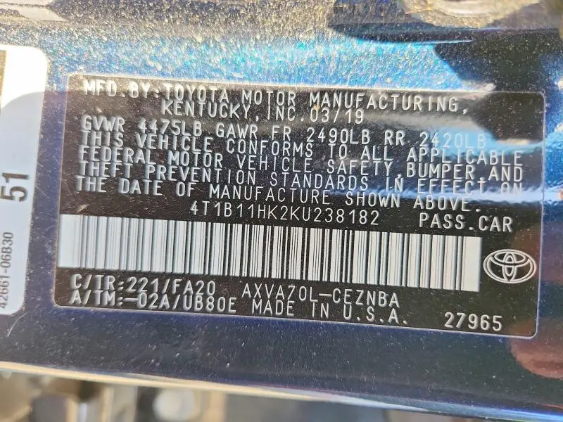 2019 TOYOTA CAMRY LE  