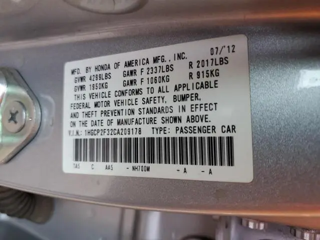2012 HONDA ACCORD LX