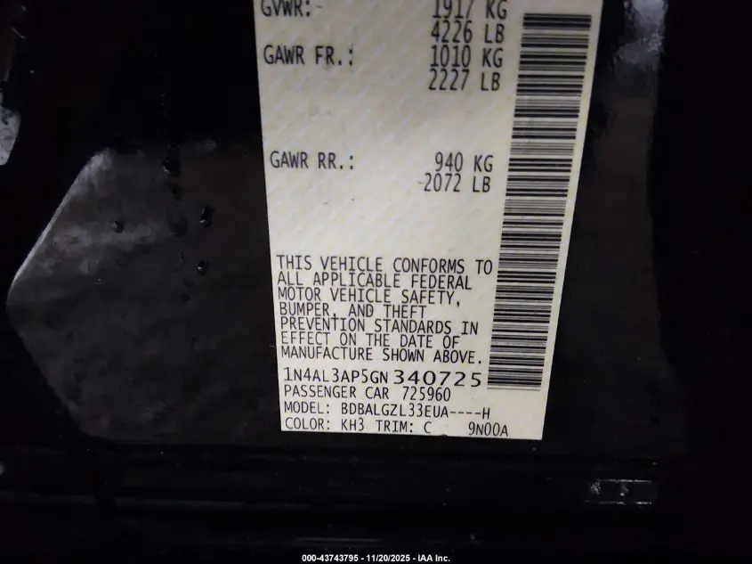 2016 NISSAN ALTIMA 2.5 S